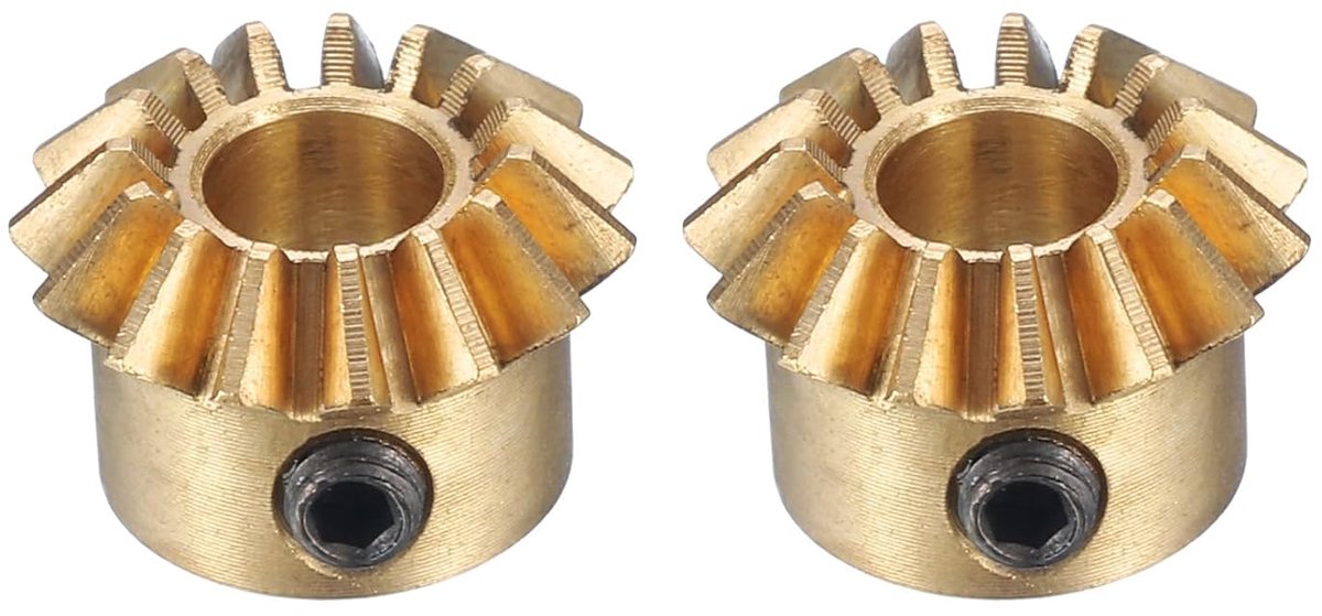 2 stuks conische tandwielen, module 0,8, reductieverhouding 1:1, 15T, 5 mm, conische tandwieldiameter van messing, conische aandrijving van 45 graden, geel
