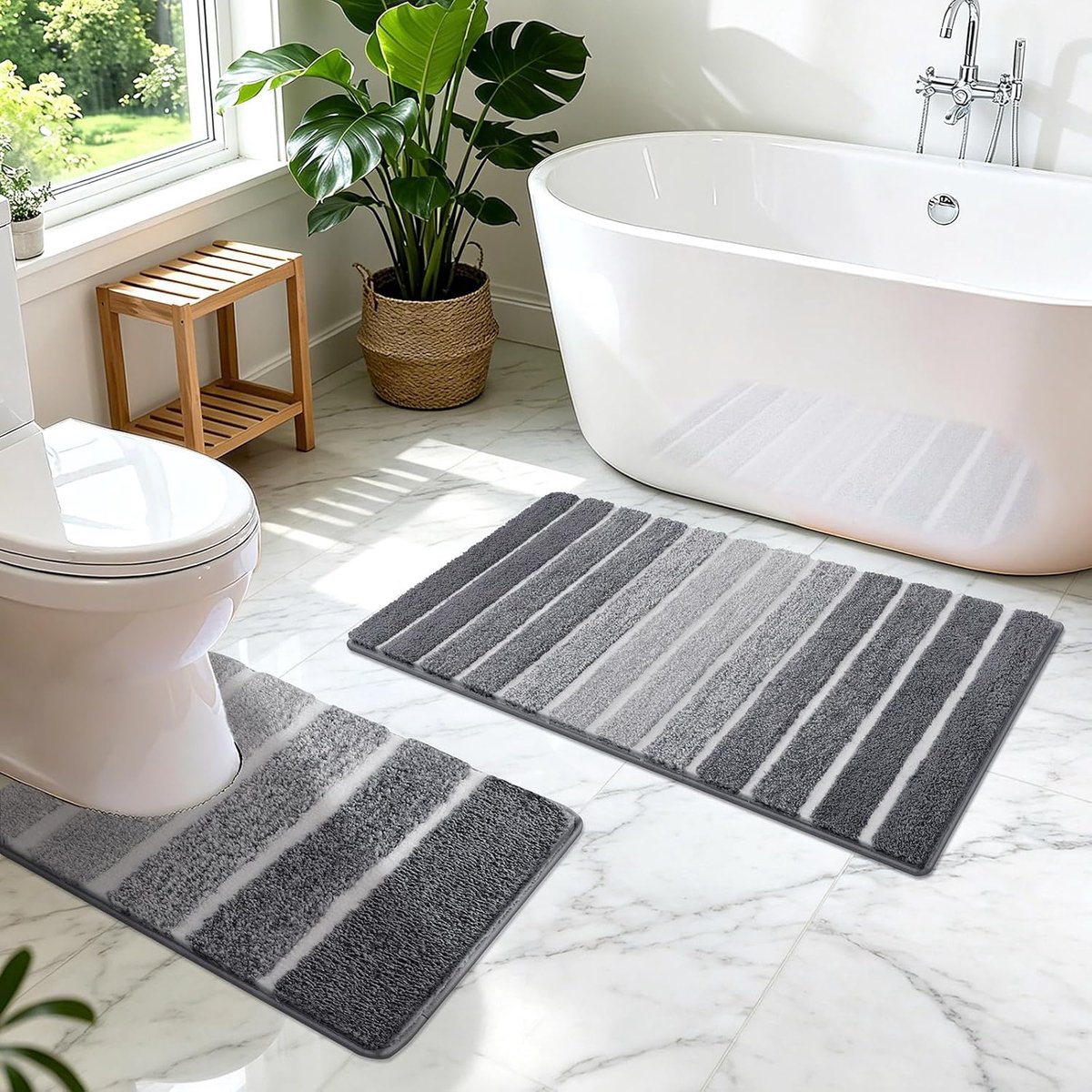 Badmatten, wasbaar, absorberend, 50 x 80 cm + 50 x 50 cm, grijs | Extra zachte badkamertapijtset, moderne pluizige mat voor badkamer en douchevloer