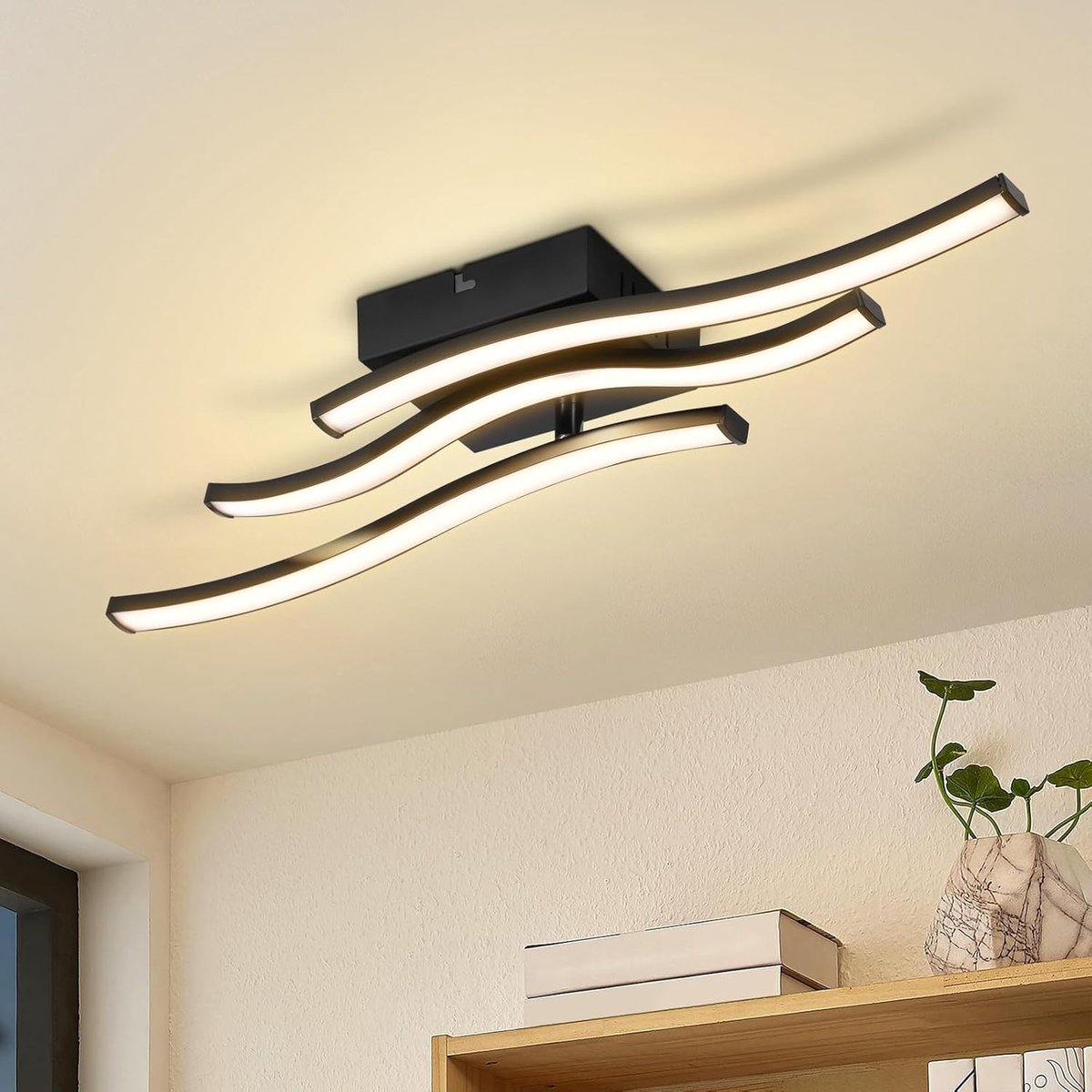 LED-plafondlamp voor de slaapkamer: moderne slaapkamerlamp, zwart, | 18W; woonkamerlamp, 3000K met golfdesign; binnenkeukenlamp, warm wit; hallamp voor woonkamer, keuken en hal