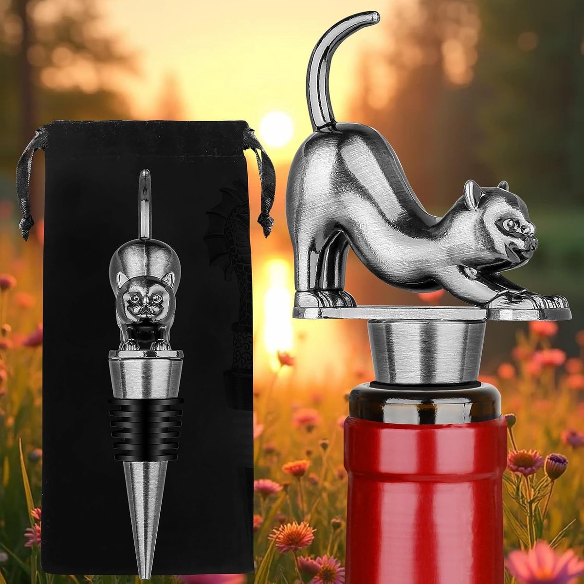 Wijnflessensluiting, kat, wijnflessensluiting, decoratieve geschenken voor kittenliefhebbers, vrouwen, mannen, verjaardagscadeaus, Vaderdag, Kerstmis, voor vrouwen, mannen, wijnredder, zilver