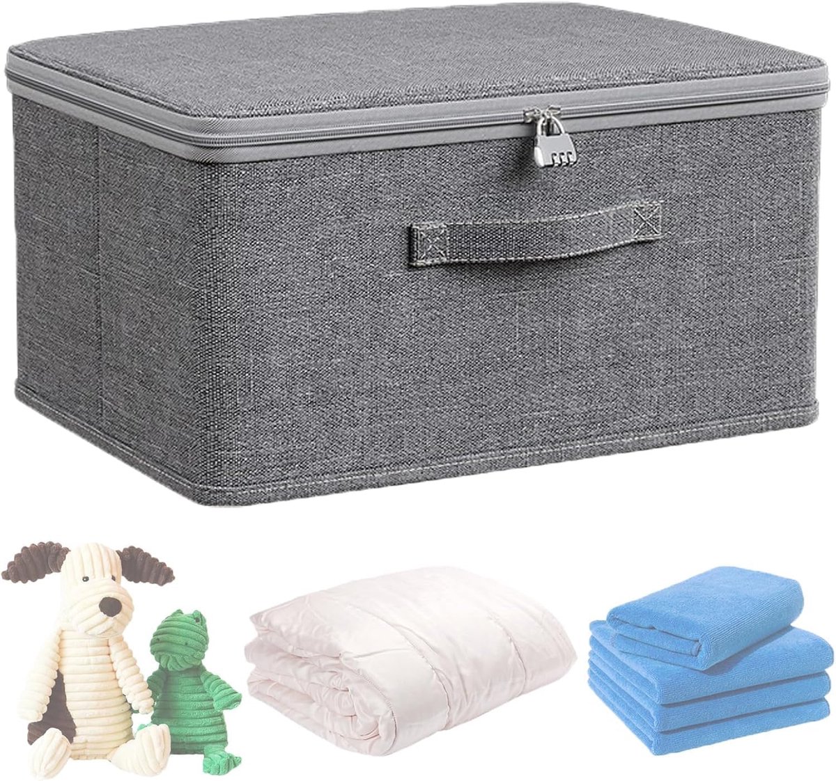 Doos met hangslot, 30 x 20 x 14 cm, opvouwbare dozen met ritssluiting, opbergdozen voor kleding, opbergmand voor kleding en beddengoed, grijs
