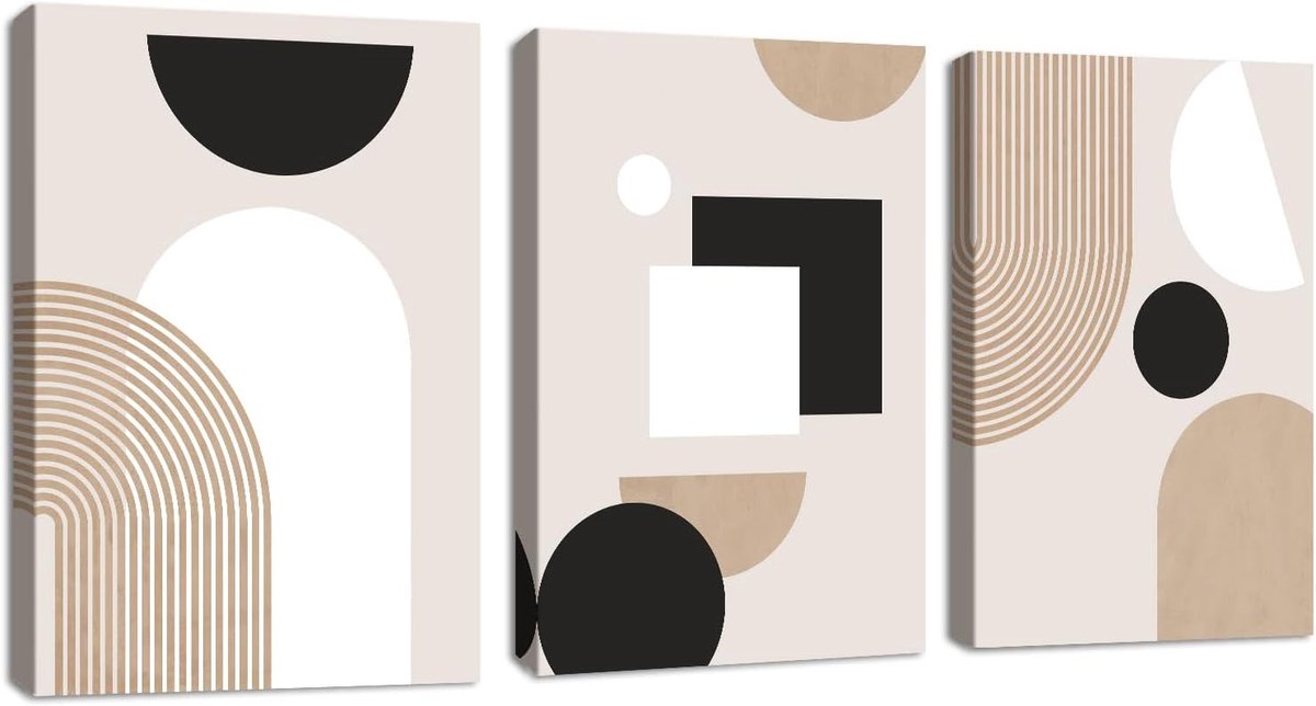3 Pcs Midden eeuw Geometrische lijnen Canvas wanddecoratie, Modern Wit Bruin Minimalistisch Wandfoto's Scandinavisch Abstract IngelijstCanvas Schilderij voor Slaapkamer Woonkamer Kantoor 40x60cmx3