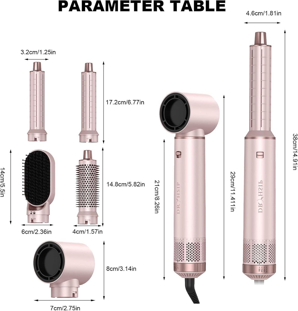 Föhnborstel 5-in-1 Multistyler met Krultang Opzetstukken - Volumeborstel Ionen Technologie Roze