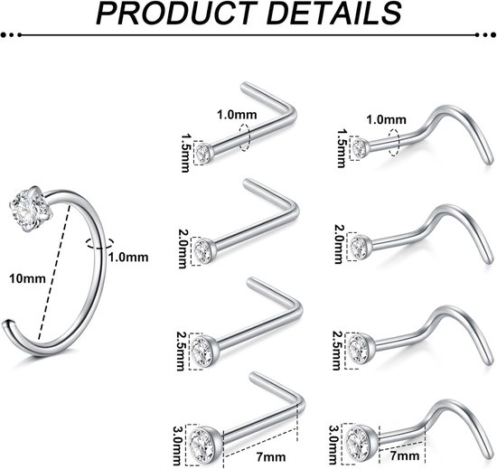 Neuspiercingset voor dames en heren, 12 stuks, 18G roestvrijstalen neusringen en L-vormige stekers met zirkonia, zilver/goud, voor dagelijks gebruik en speciale gelegenheden — afbeelding 2