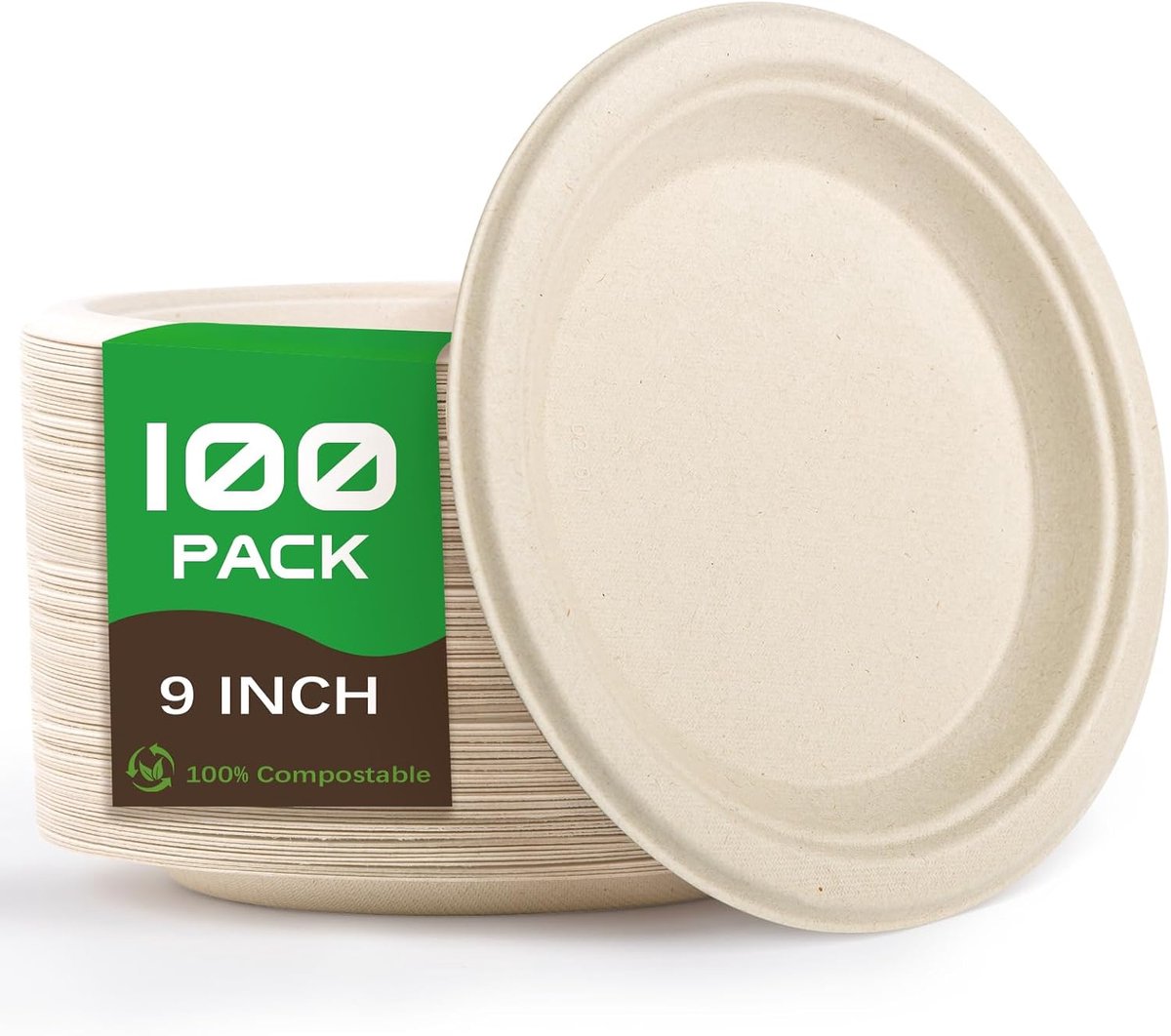 100 stuks wegwerpborden, wegwerpbestek, ronde borden, 22,8 cm | Wegwerpservies voor catering, verjaardagsfeesten en barbecues, enz. (houtkleur)