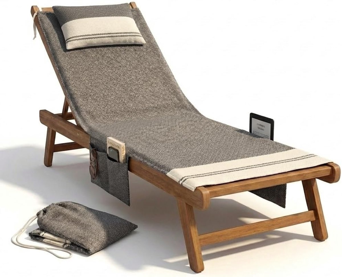 Strandlaken met kussen, bevestigingslussen en praktische zijzakken, hamamdoek met zak, lichte strandhanddoek, badhanddoek, picknickdeken, 70 x 185 cm, zwart