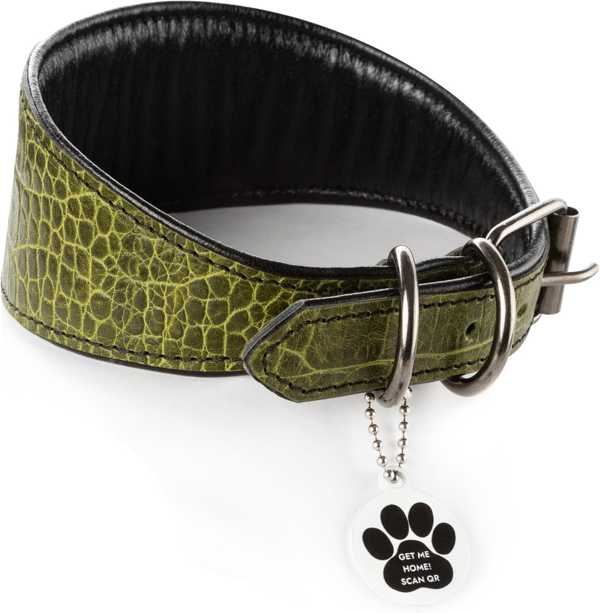 hondenhalsband van zacht leer met QR-etiket voor windhonden, Italiaans, Spaans, Saluki, Whippet, Lurcher, Greyhound, Podenco, hondenhalsband, krokodillenlederpatroon (groen, M)