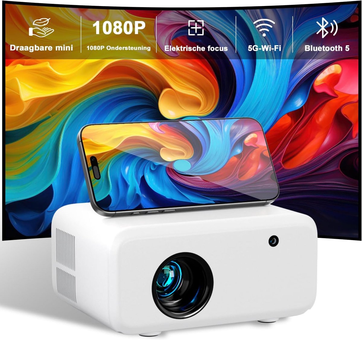 Projector Draagbare, Visulapex V3 PRO Beamer 12000 Lumen Ondersteuning FHD 1080P, 50% Zoom en Elektrische Focus, 5G WiFi Bluetooth Projector voor iOS/Android/TV Stick/HDMI/USB