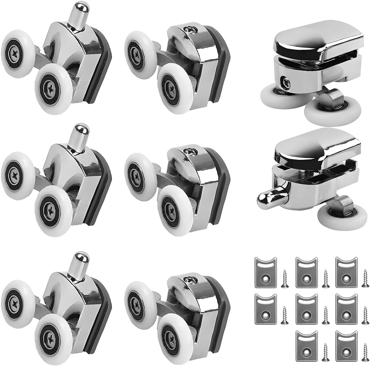 8 stuks douchedeurrollen, douchecabine rollen 23 mm loopwieltjes voor schuifdeuren met anti-botsblok en schroeven voor badkamer glazen schuifdeuren (4 bovenste en 4 onderste rollen)