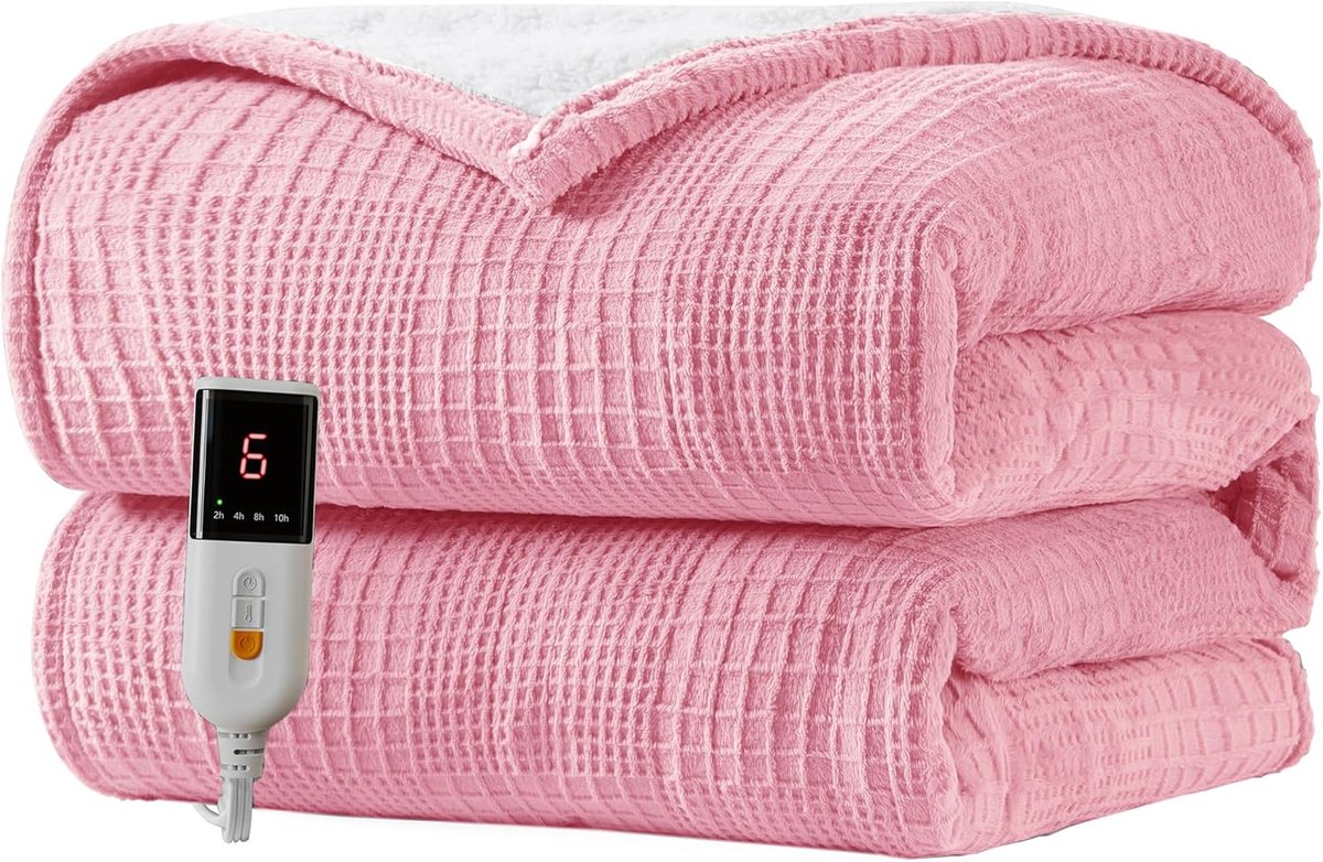 Elektrische Deken 130x160cm Zachte 9 temperatuurstanden,Roze | Elektrische Warmtedeken 2-10 uur Automatische Uitschakeling,Digitale Afstandsbediening, MachineWasbaar,Ideal voor Bed