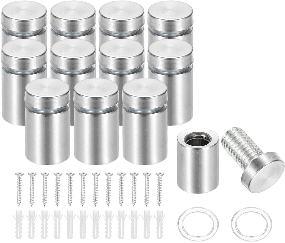 16 x 25 mm afstandsschroeven, 12 stuks roestvrijstalen wandmontage bord afstandhouders montagehardware reclamenagel voor het ophangen van acryl fotolijst, zilver
