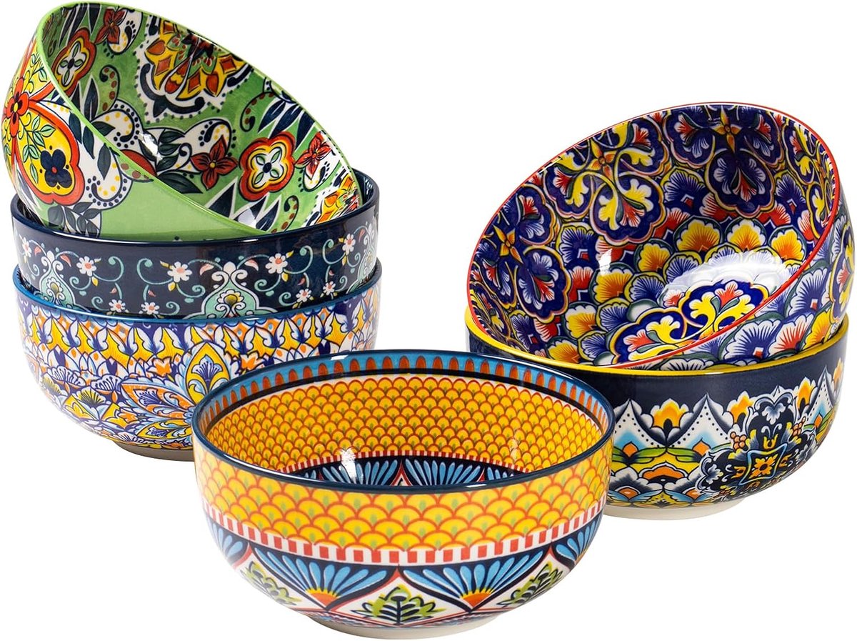 LEAD Porseleinen ontbijtkommen, 6 stuks 28 oz soepkommen voor ontbijtgranen, soep, salade, pasta enz. Boheems bloemendesign in 6 levendige kleuren