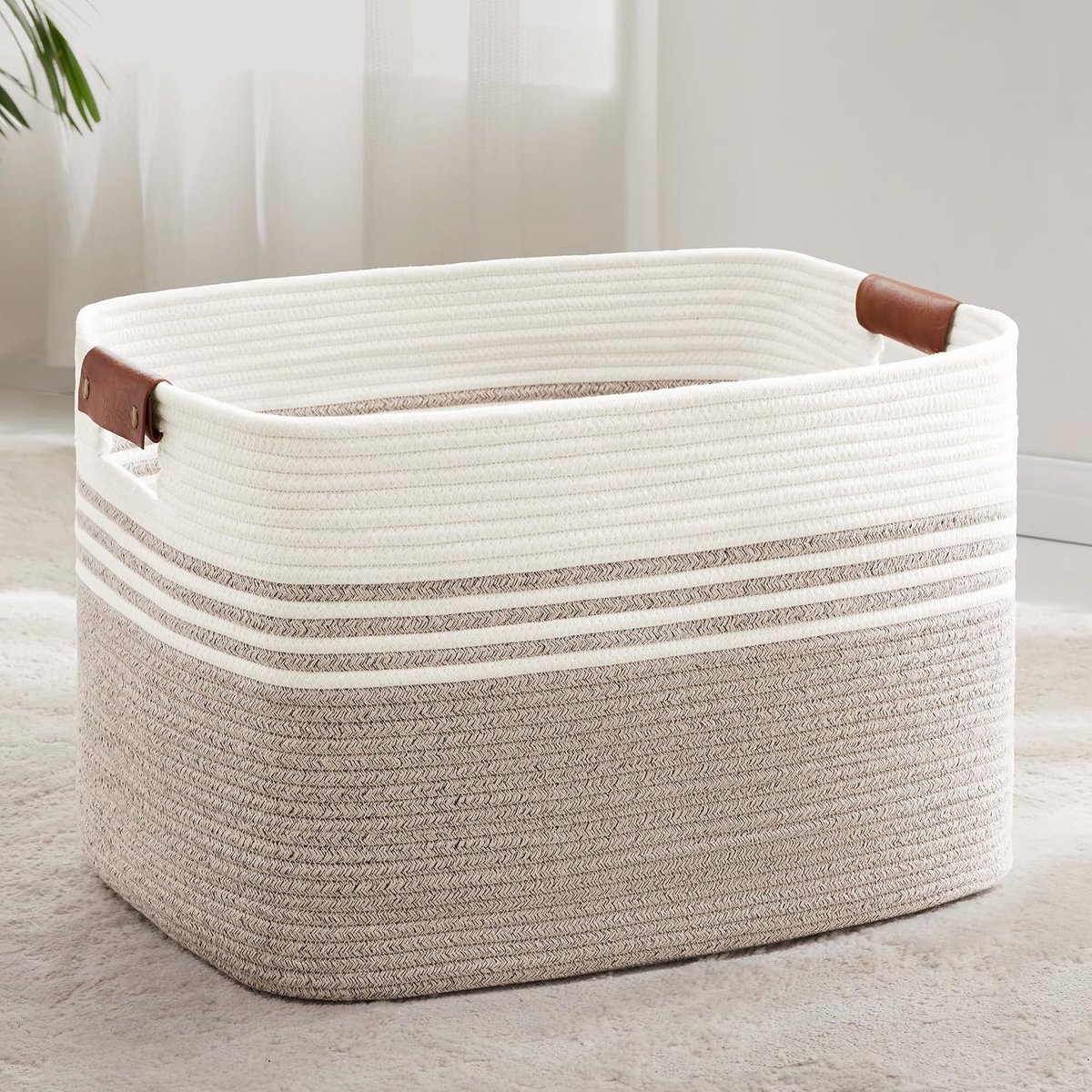 geweven wasmand van katoenkoord, 86L, opbergmand met leren handvatten, mand voor dekens, kleding, speelgoed, wasmand voor kinderkamer of woonkamer, 60x40x36 cm, wit en bruin