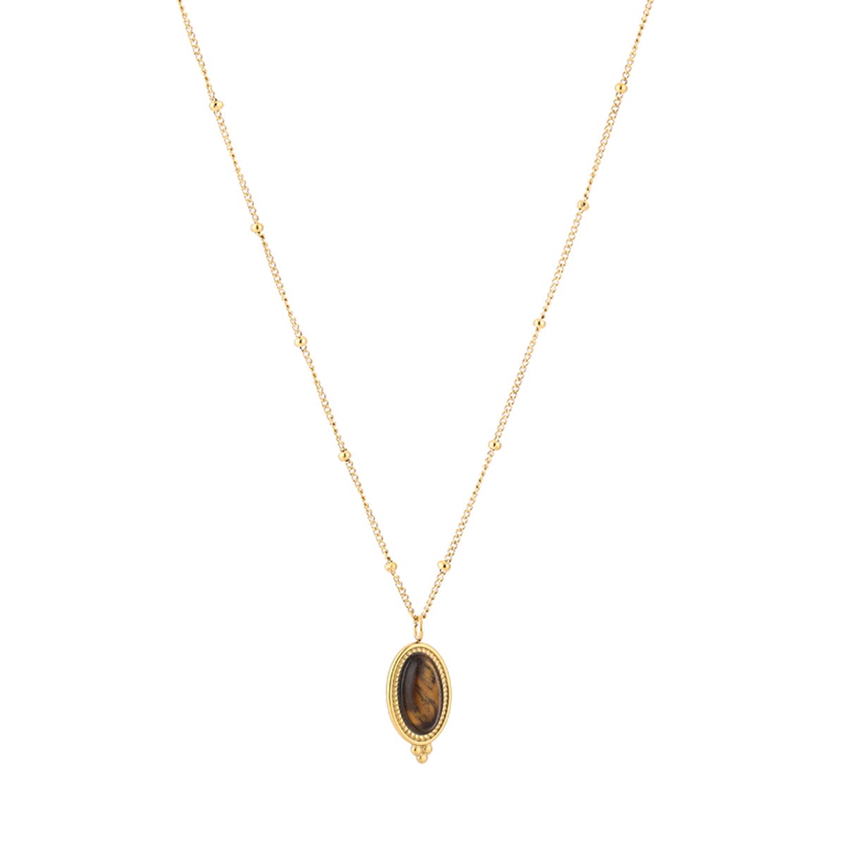 Bohemian Oval Marquise Natural Stone Satellite Chain Necklace – Luxe Natuursteen Ketting BOHO – RVS - Tiger Eye