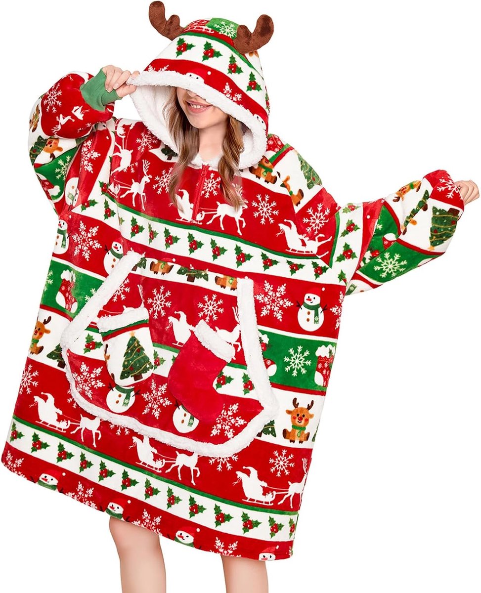Deken met Mouwen en Capuchon voor Volwassenen, Sherpa Fleece Overmaat Draagbare Deken met Zakken, Zacht Warm Knus Unisex (Kerststrepen)