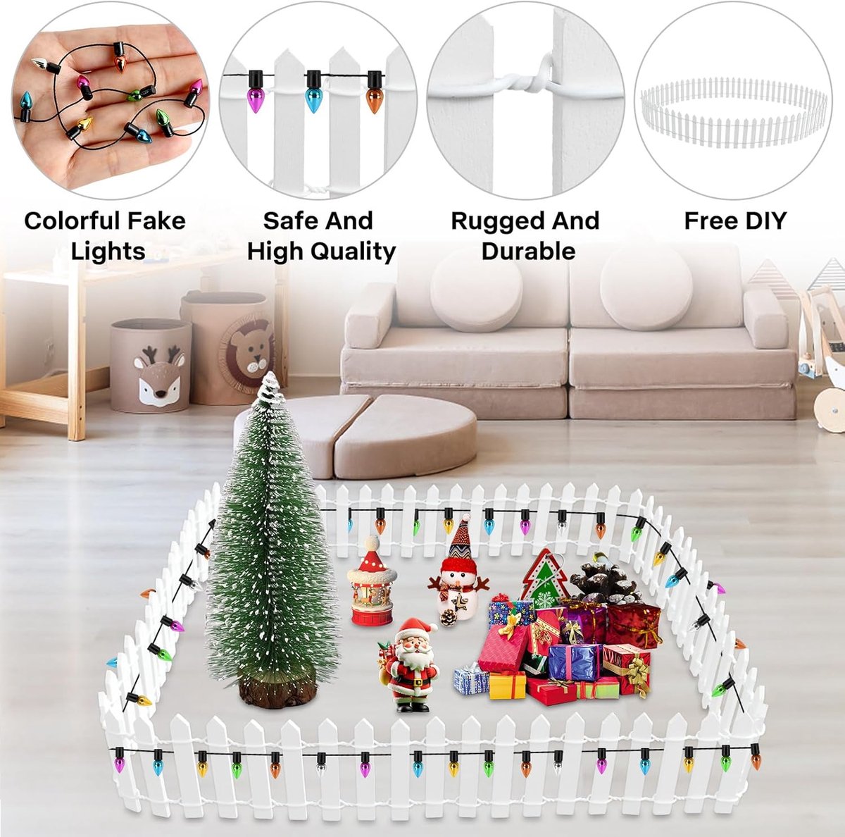 Accessoires Kerstmis, miniatuur omheining tuinhek hout, 90 x 5 cm kabouter hek met 100 cm decoratieve lichtketting, Kerstmis miniatuur omheining houten hek, poppenhuis accessoires