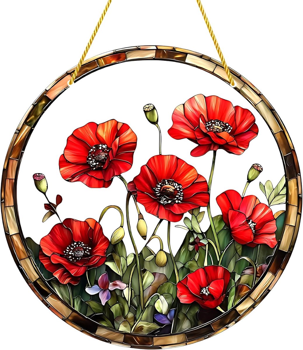 Zonnevanger Rode Bloem Voor Raam Ronde Raamdecoratie 20 cm | Kleurrijke Acryl Zonnevanger Met Rode Bloem Voor Raam, Balkon En Woondecoratie