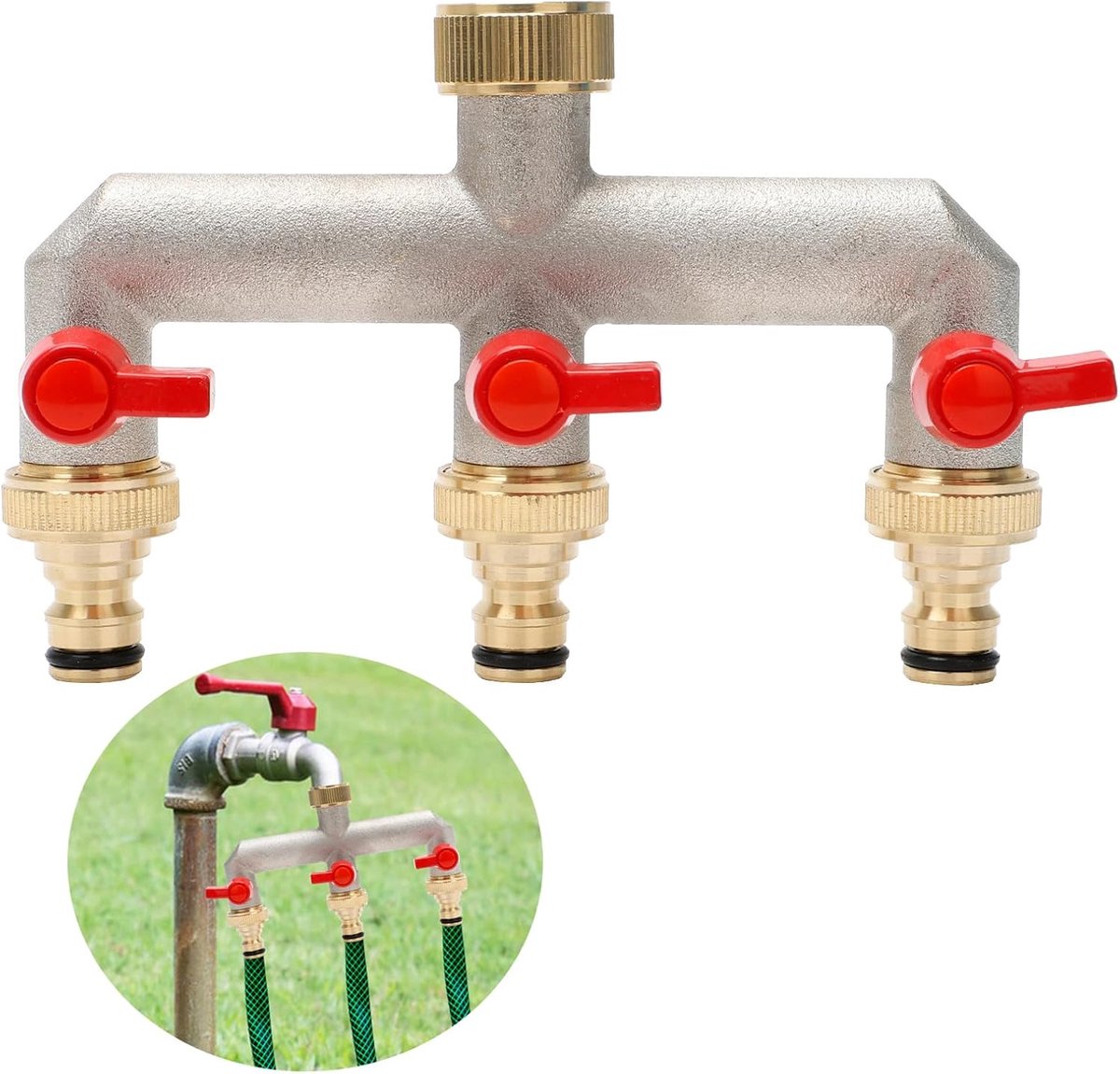 3-weg waterverdeler waterverdeler water 3/4 inch messing wateraansluiting verdelers tuinslangen, kraanadapter met kogelkraan om in te stellen, voor wasmachine, gazonkranen