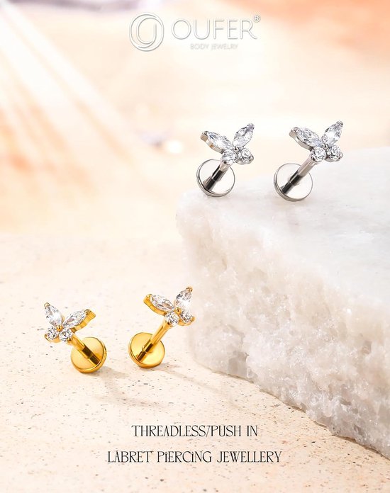 Body Piercing 18G Surgical Steel Lip Piercing Hypoallergenic Butterfly Helix Stud Clear Cubic Zirconia Tragus Conch Labret Piercing Jewelry 6/8mm Flat Back Earring — afbeelding 2