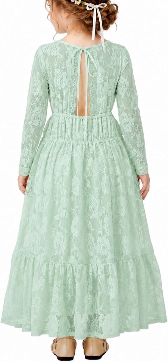 Lange Mouw Kanten Maxi Jurk voor Peuters & Meisjes – Boho A-Lijn Jurk voor Bruiloft, Doop, Eerste Communie 3-12 jaar