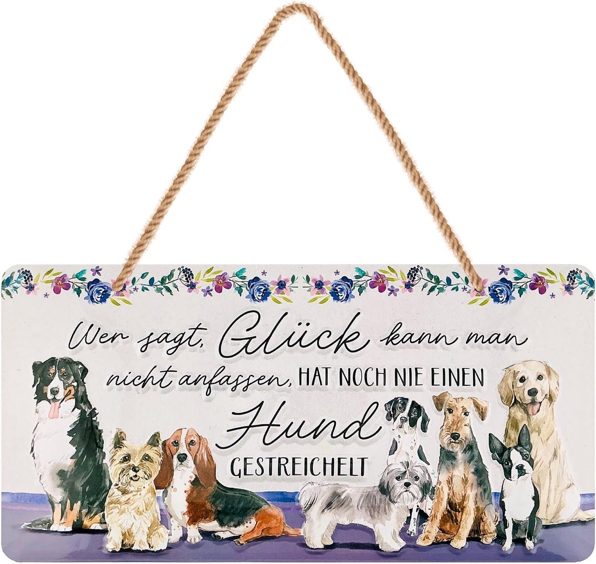 Retro metalen bord hond - Wer sagt Glück- Deko hond geschenken voor hondenliefhebbers - poster metalen bord met grappige spreuk als decoratie voor tuin en keuken met jute koord 16 x 32 cm