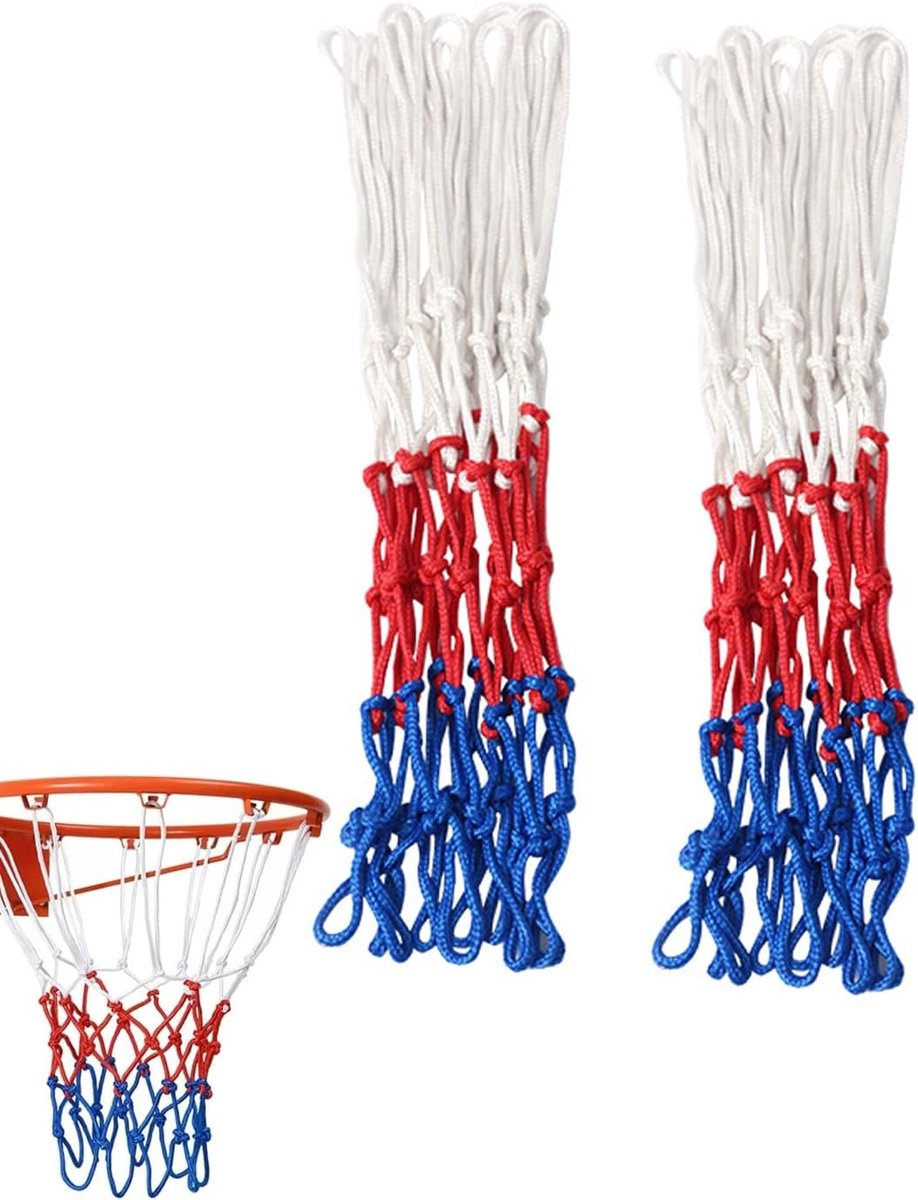SnelShoppen - Basketbalnet Set van 2 Stuks, 12 Banden, Driekleurig Wit/Blauw/Rood, Stevig Mesh voor Binnen en Buiten Gebruik, Ideaal voor Kinderen en