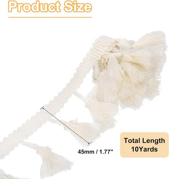 10 yards kwastjes, franjes, 4,5 cm kwastjes, franjes, kanten afwerkingsband, naaien, franjes, voor naaiwerk, woondecoratie, kleding, beddengoed, gordijnen, beige — afbeelding 5