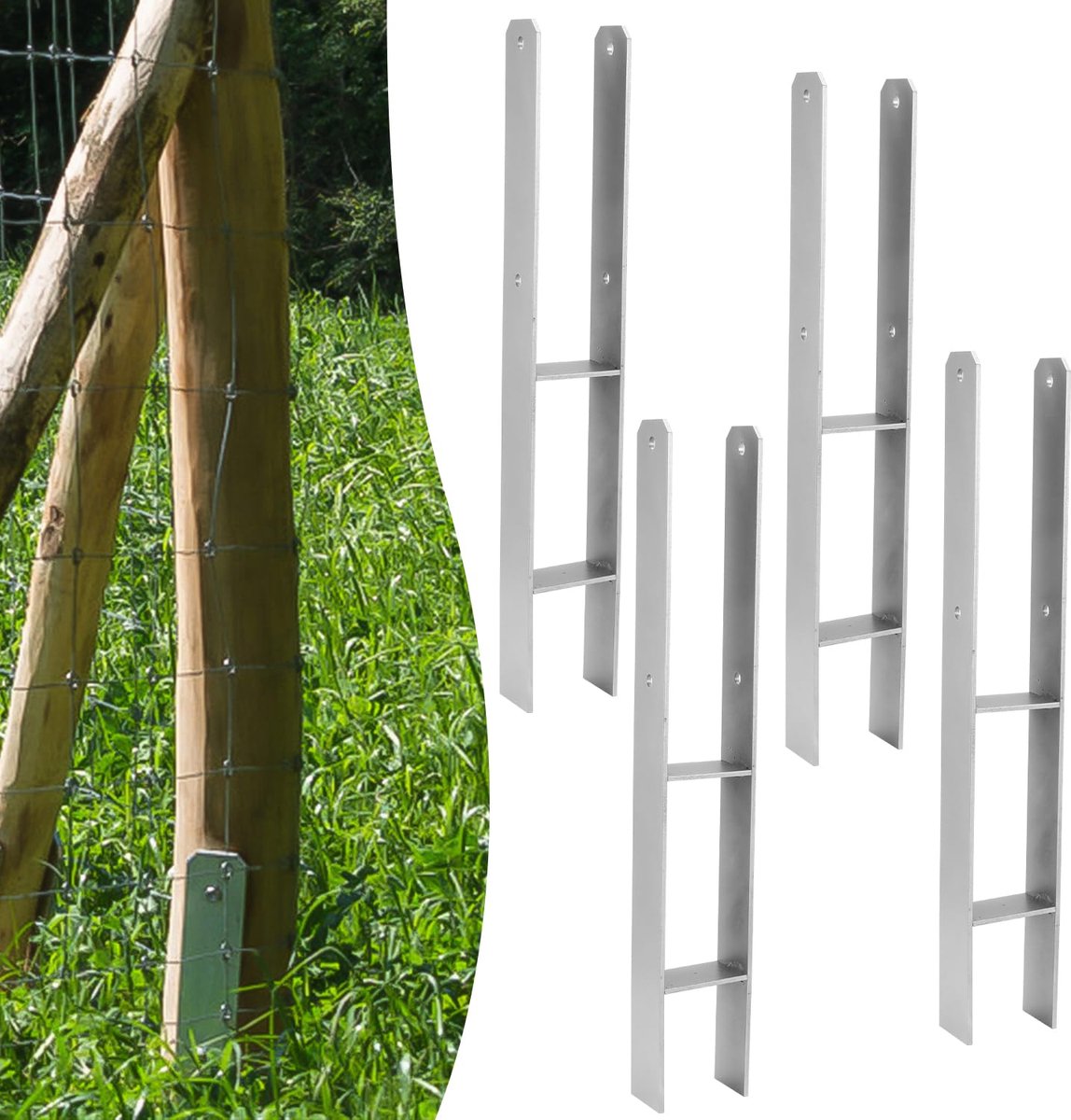 6 x H-paalanker, 101 mm, H-paalhouders voor hek- en houten palen, robuuste H-ankers voor tuinhek, carport, paviljoen en houtbouwprojecten (101 x 600 mm)