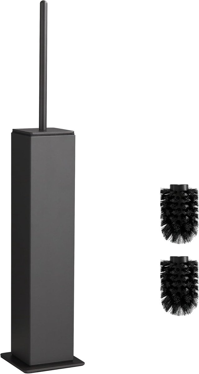 Toiletborstel grijs, metalen toiletborstel inclusief 2 borstelkoppen, slank design wc-borstel vierkant voor de badkamer