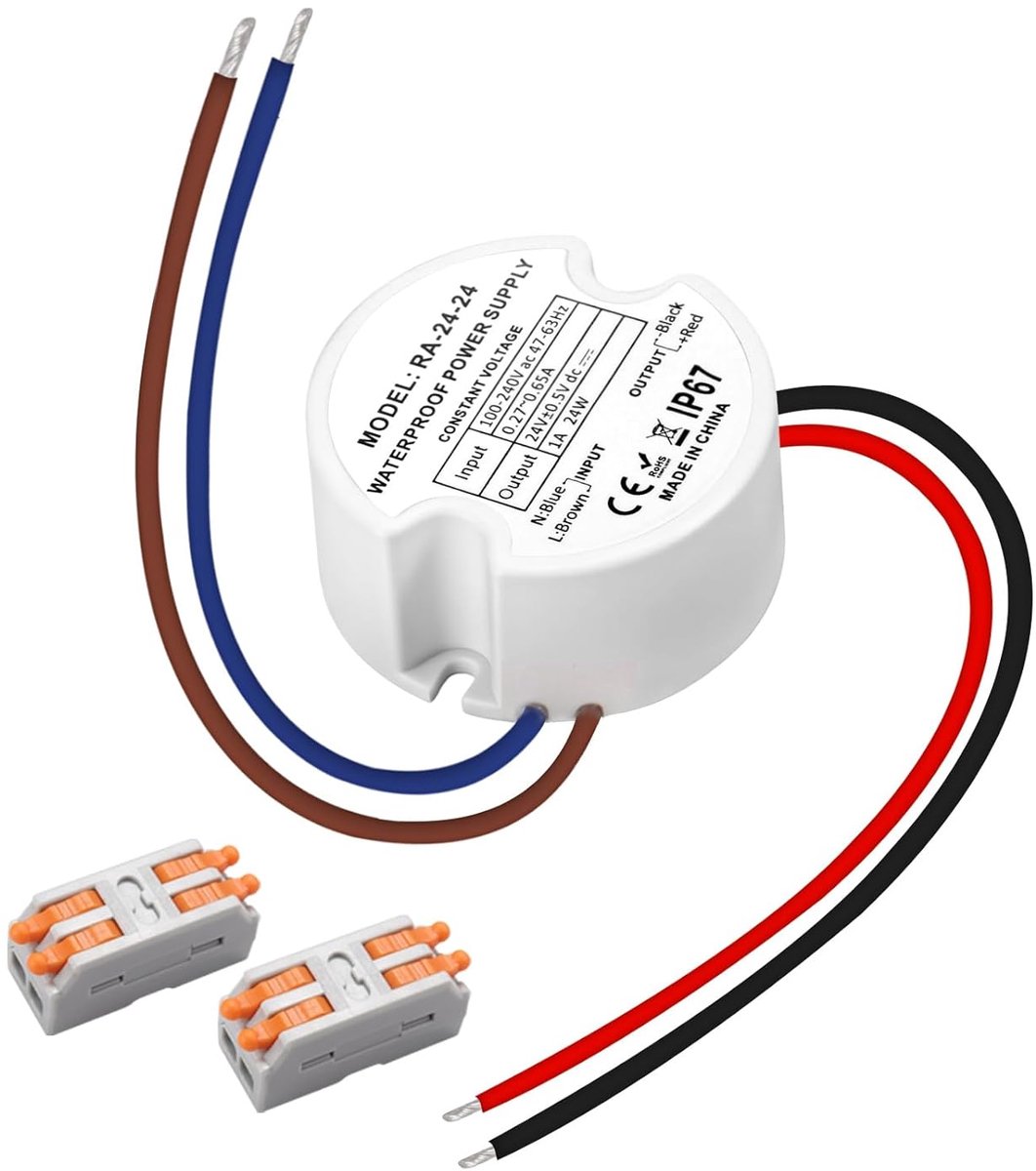 Transformator 230V naar 24V DC, 24W 1A, IP67 Waterdichte LED Voeding Rond Ø48mm met 2 Connectoren voor LED Strips, Spots en Buitenverlichting