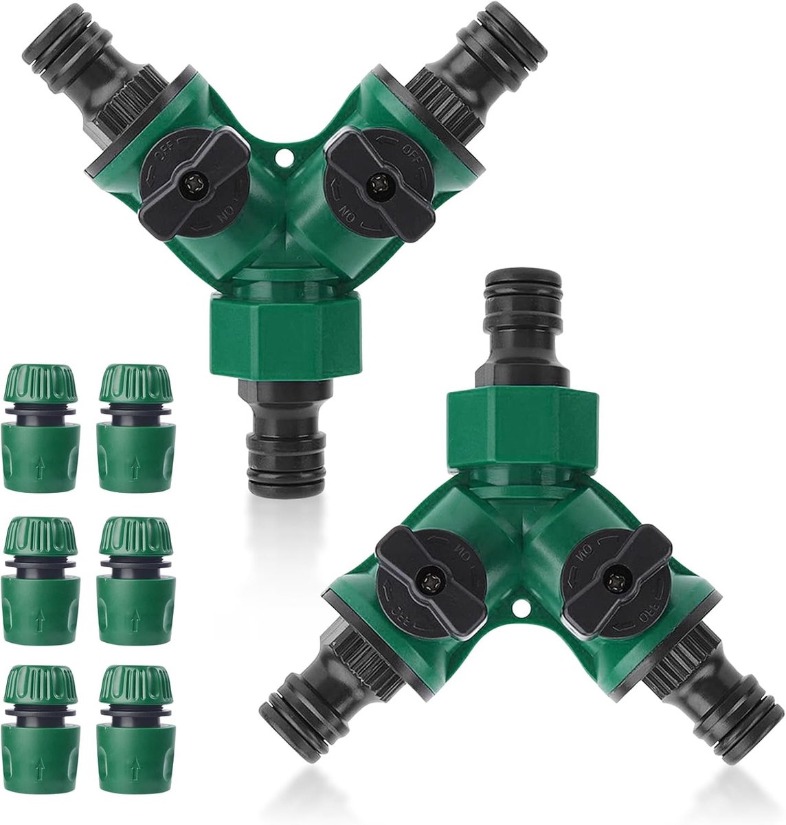 2-weg slangverdeler, tuinslang-waterverdeler, 2 stuks 3/4 inch 2-weg verdeler water met ventiel, 6 stuks slangverbinders 1/2 inch, voor landschapsarchitectuur, bloementeelt, irrigatie
