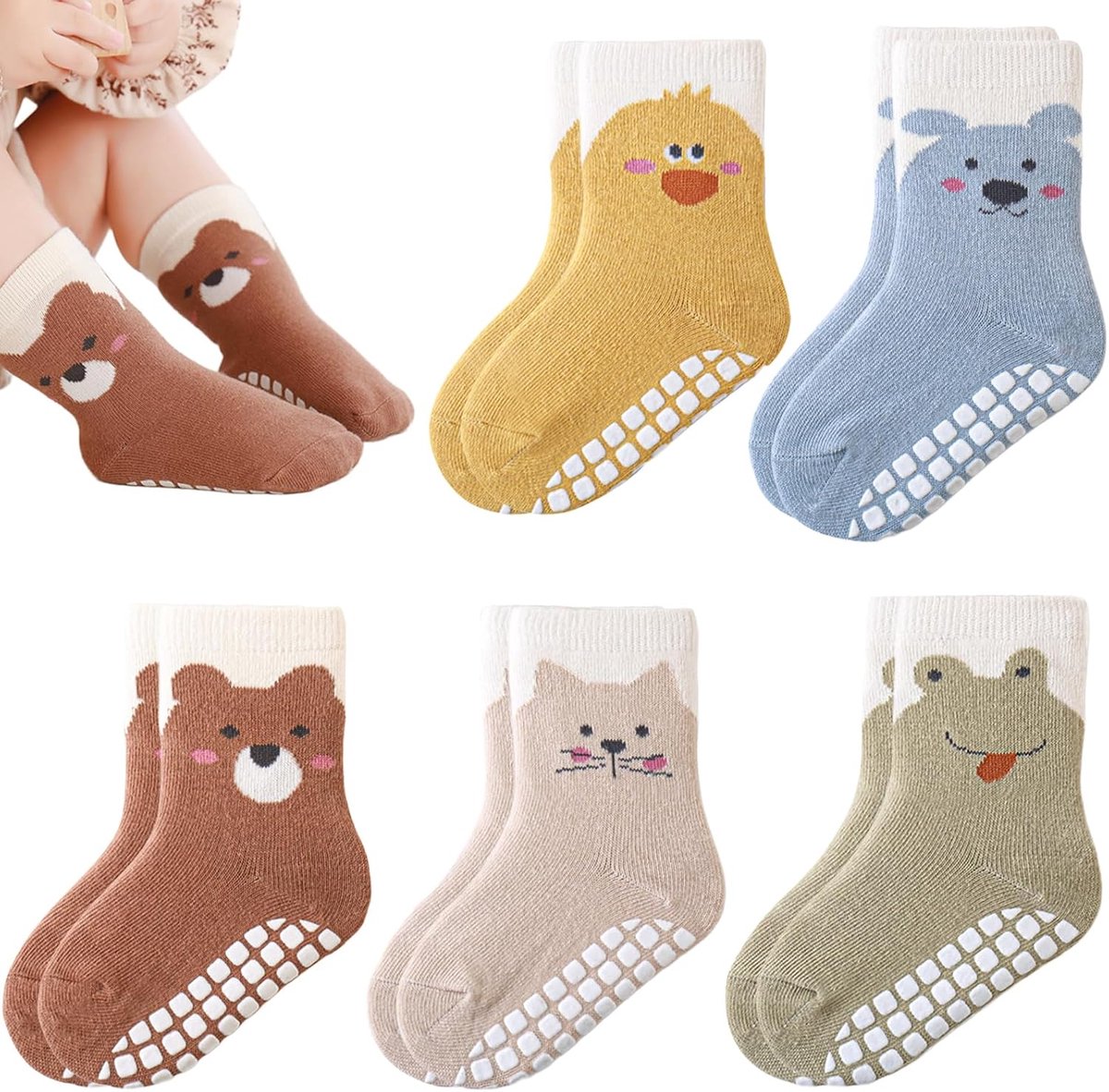Sokken voor kinderen, 5 paar, katoen, antislip, voor meisjes en jongens, cartoondieren, voor 0-5 jaar