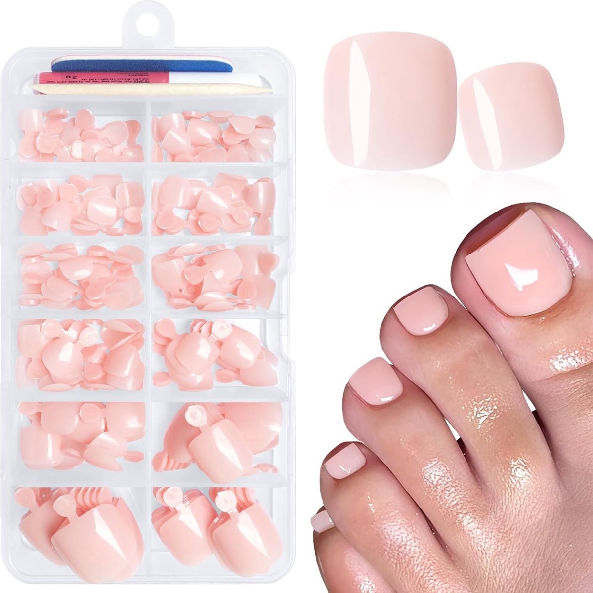 168 stuks nagelstickers voor teennagels, kunstnagels voor vrouwen, met plakstrip, acrylnagels voor voeten (huidroze)
