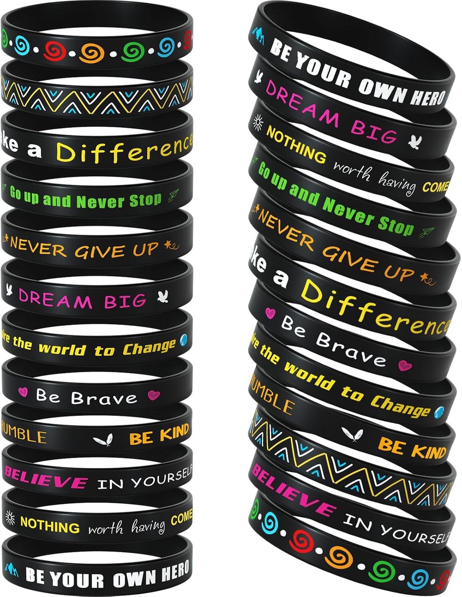24 stuks motiverende siliconen polsbandjes inspirerende citaat rubberen armbanden unisex voor school kantoor thuis feest gunst geschenken benodigdheden 12 ontwerpen (zwart)