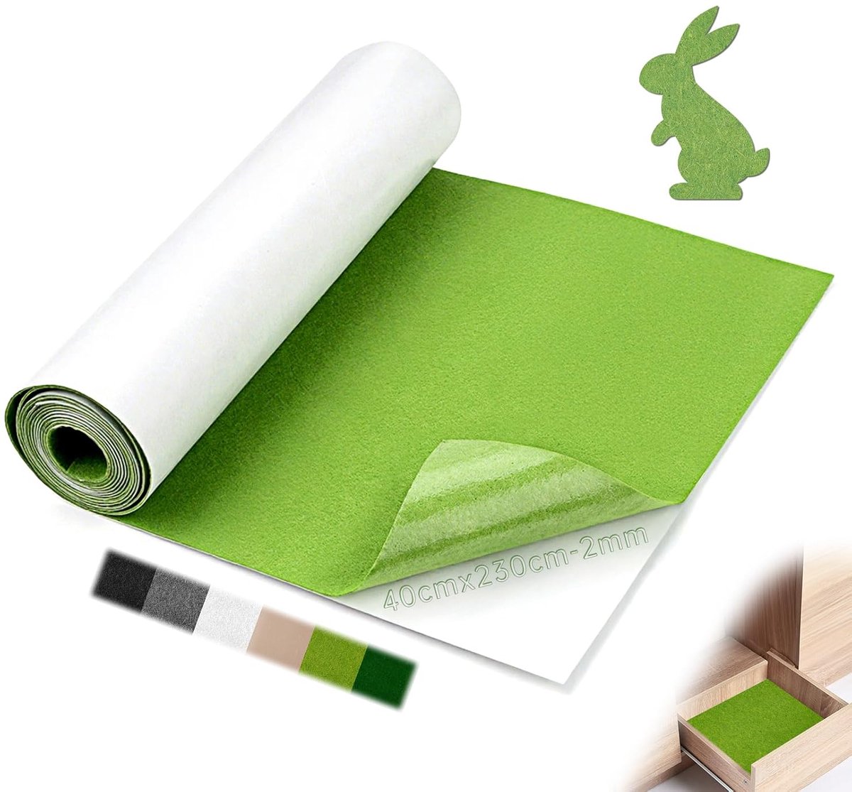 Zelfklevend vilt, 2 mm, zelfklevend tapijt, 230 x 40 cm, viltstof, grasgroen, rekbaar, voor bestelwagens, geschenkdozen, wandbekleding, doosbekleding, doe-het-zelf, stoelpoot, fotolijst