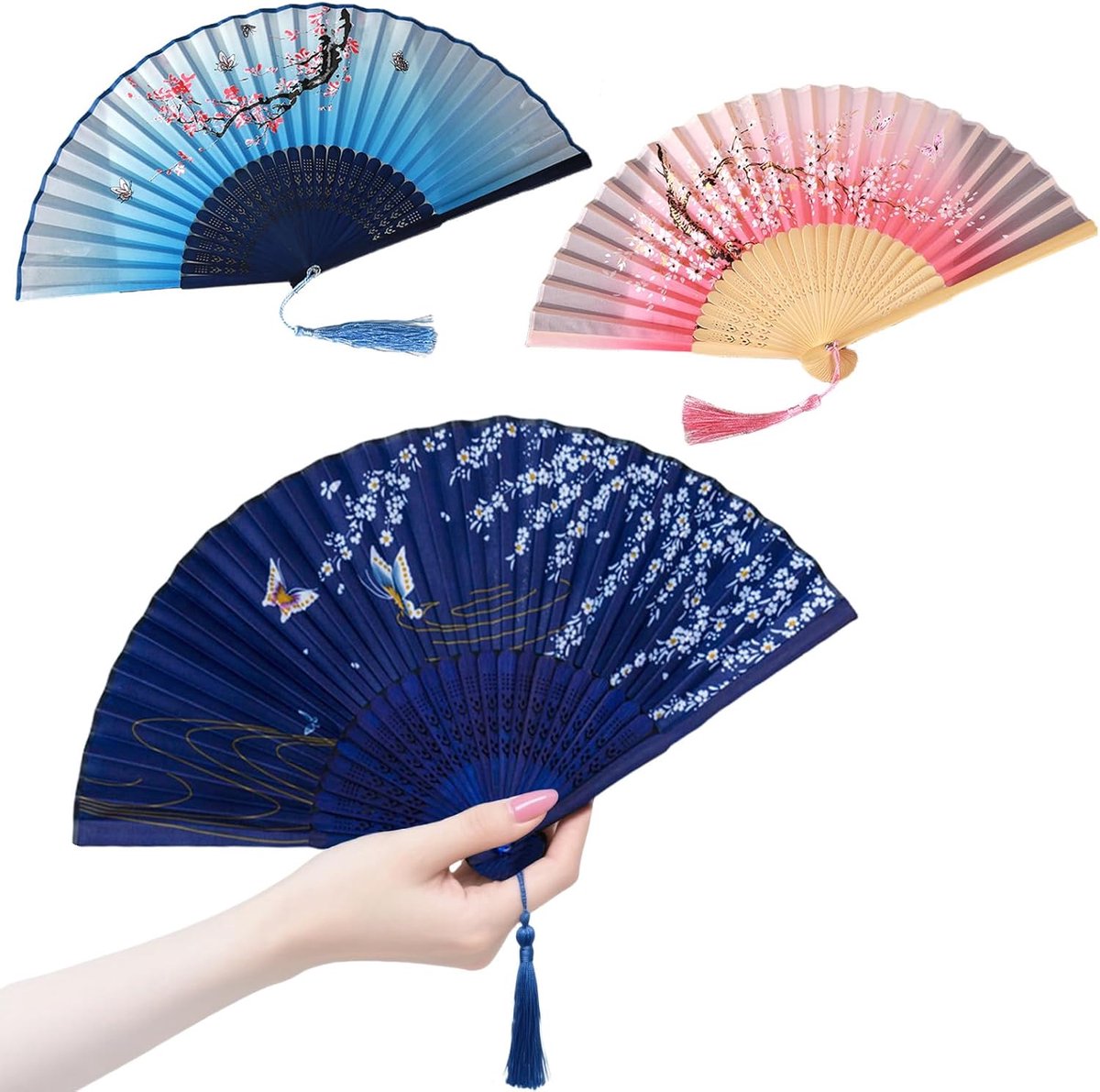 Waaier van stof en bamboe, 3 stuks, Chinese waaier, hout, licht, opvouwbaar, met franjes, zwart, roze, blauw, zakwaaier, zomer, bruiloft, kostuum, dames, kinderen, decoratie, cadeau