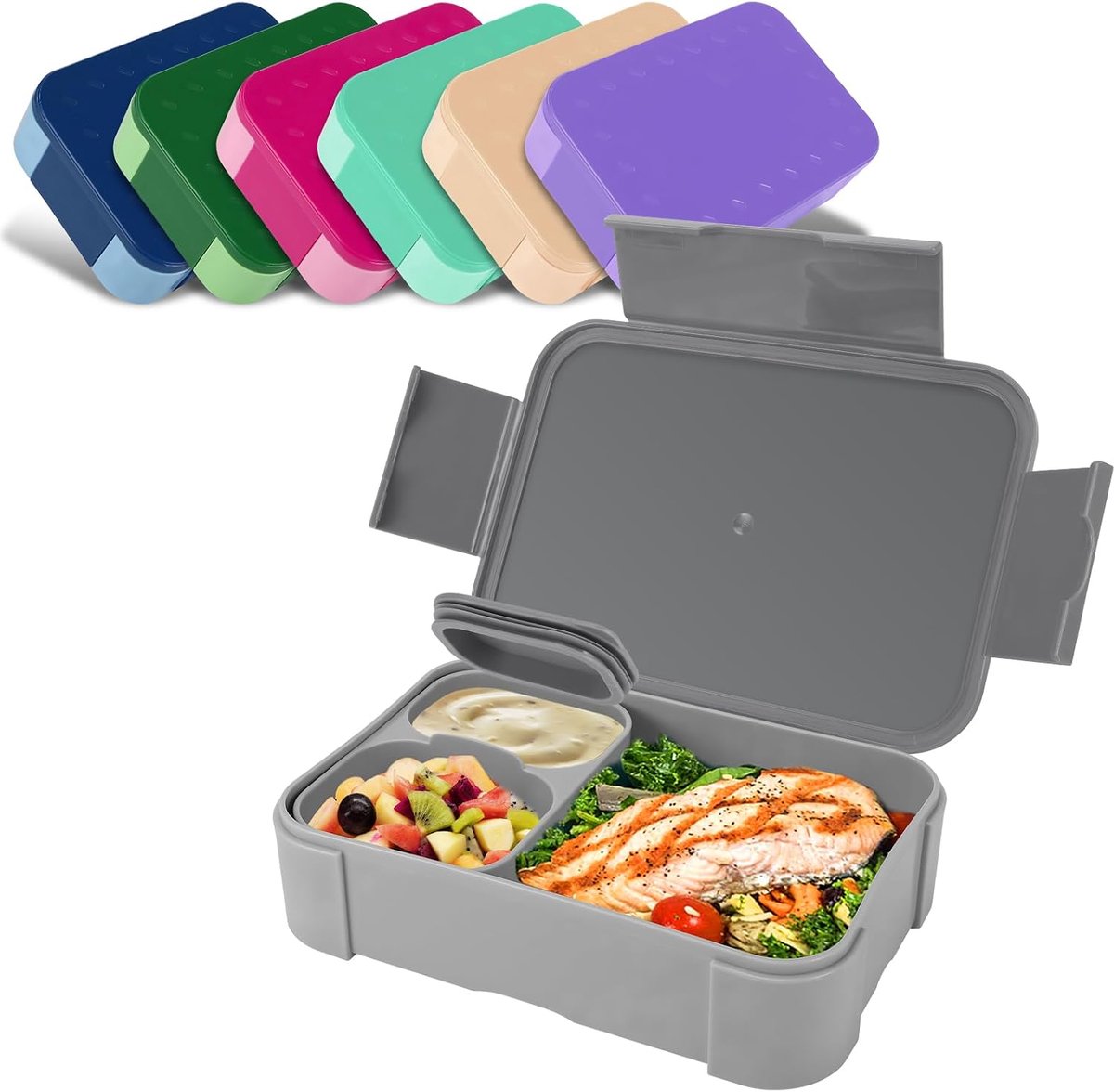 Lunchbox voor kinderen met vakken, 900 ml (grijs) | Lekvrij, reislunchbox, lunchbox, geschikt voor school, picknick, magnetron en vaatwasser