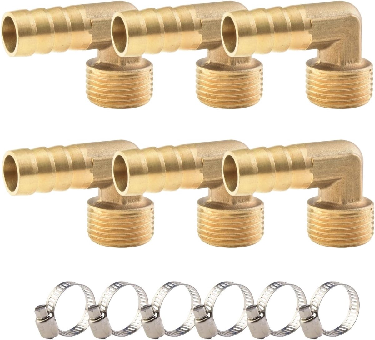 90° elleboog messing slangkoppelingen, 6 x 10 mm aansluitingen × 3/8" buitendraadpijpverbindingen, compleet met 6 slangklemmen, geschikt voor het aansluiten van gas, water en brandstof