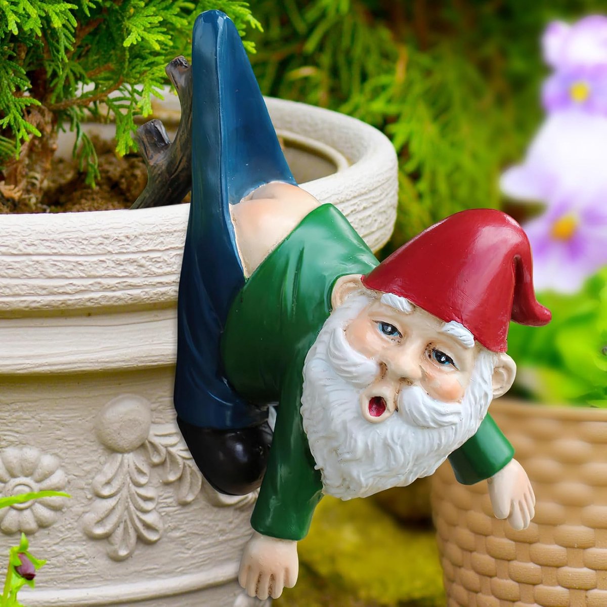 hanger, tuinkabouter, hars, dwerg, bloempot, grappig dwergbeeld, decoratieve dwerg, tuin, nomo-figuren, bloempot, hanger, dwergbeeld voor balkon (groen)