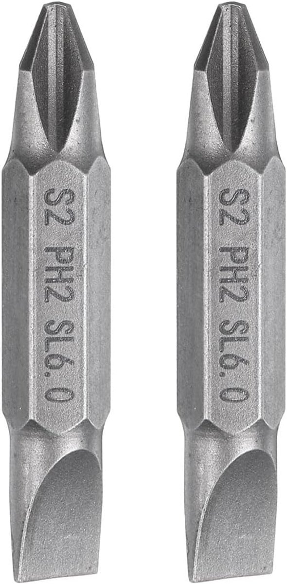 Set van 2 magnetische schroevendraaiers met dubbele uiteinden, 6 mm PH2/SL6, lengte 1,5 inch, 1/4 inch zeskantige schacht, S2 staal, Phillips kruiskruis, geribbeld, platte punt