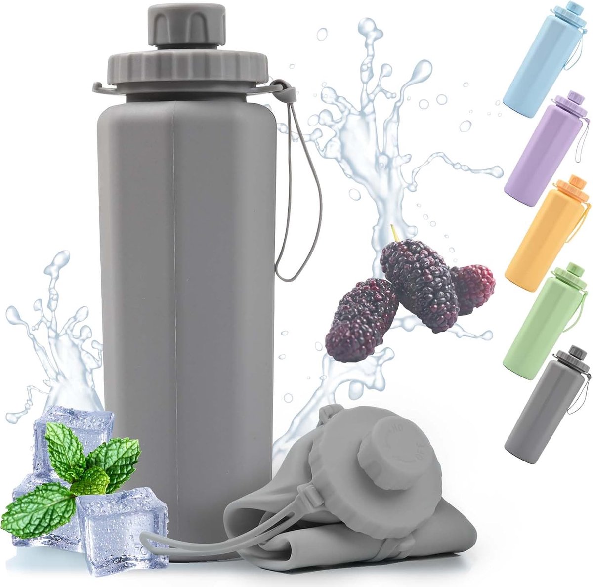 waterfles, 600 ml, opvouwbare drinkfles van siliconen, lekvrij en draagbaar, BPA-vrij, drinkfles voor hardlopen, geschikt voor camping, outdoor sporten, reizen, pendelen (as)