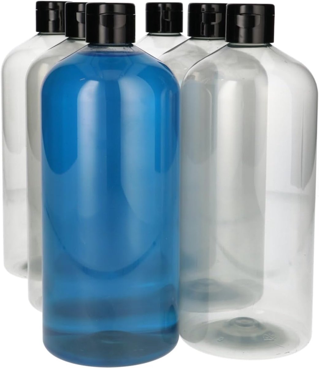 6 x 1000 ml Basic Round 100% R-PET transparant + klepdop zwart - 6 stuks