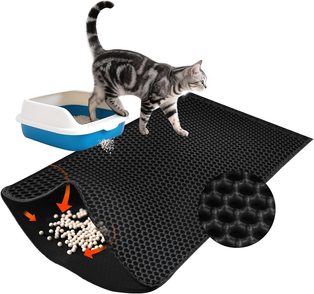 Mat voor kattenbakvulling, groot formaat 90 x 60 cm, EVA, waterdicht, dubbellaags, antislip, honingraatpatroon, zwart