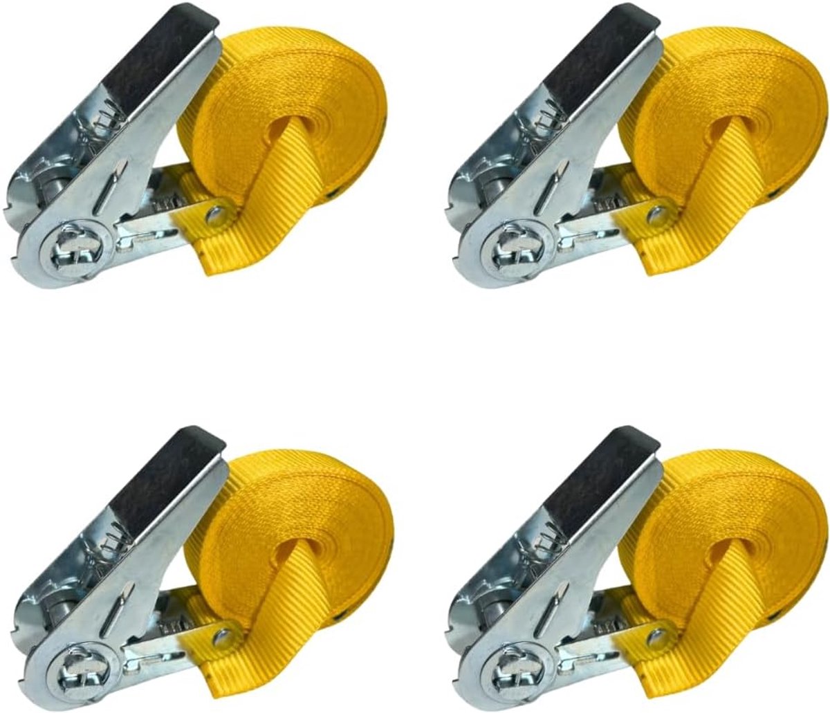 Spanriem, 4 m, set van 4 stuks, 25 mm, eendelig, sjorband met ratel 800 daN LC volgens DIN EN 12195‑2, bevestigings- en snelspanband voor transport, camping en watersport