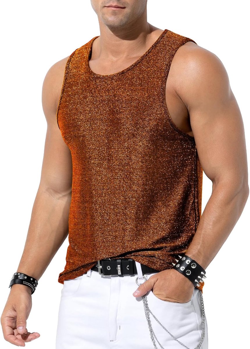 Kevin Glitter-tanktop voor heren, pailletten, hemd, metallic glanzend, mouwloos bovendeel, zomer, tanktop