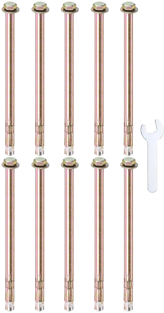 METERXITY 10 stuks zeskantige expansieschroeven, M6 x 150 mm, verzinkt koolstofstaal, gekleurd, met 10 mm sleutel, corrosiebestendige schroef voor betonnen wanden, droogafdichting, blok