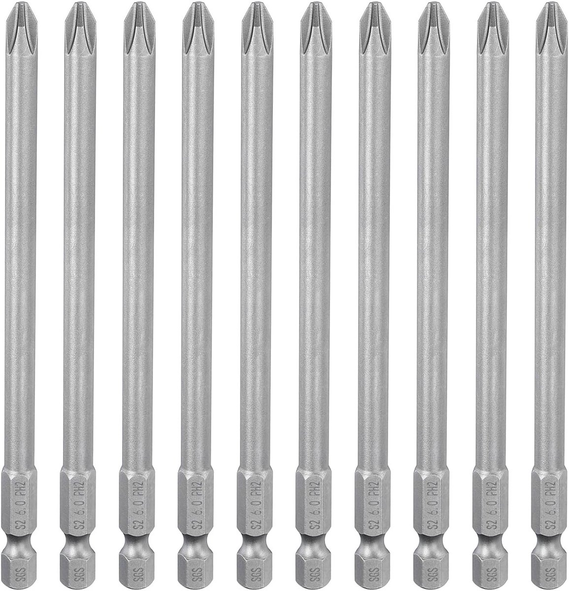 10 stuks #2 Phillips schroevendraaierbit PH2 1/4 inch zeskantschacht 4,7" (120mm) lang magnetisch S2 staal industriële kwaliteit schroevendraaier bit kruiskop bits 0,236" (6mm) staaf