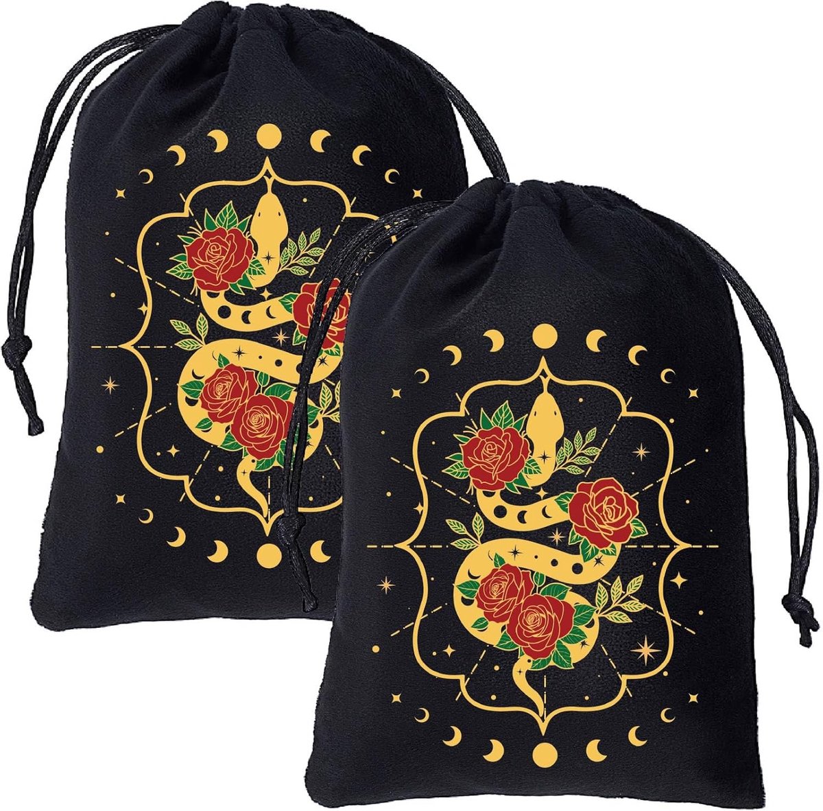 2 stuks Tarot Kaarten Zakjes Fluwelen Tassen met Trekkoorden Tarot Kaarten Dobbelstenen Deck Houder Zakjes Tassen Snake Rose Zwart Sieraden Opslag Wrap Zakken voor Kristallen Dobbelstenen