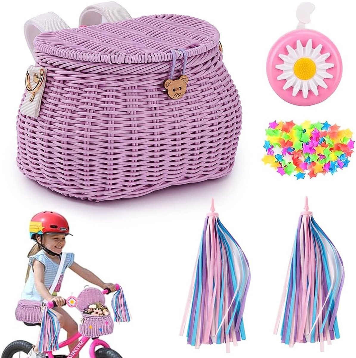Fietsmand voor kinderen, afneembare fietsmand met fietsbel, 1 kleurrijke band, 35 sterren, fietsmand van rotan, zonder pedalen, handgevlochten