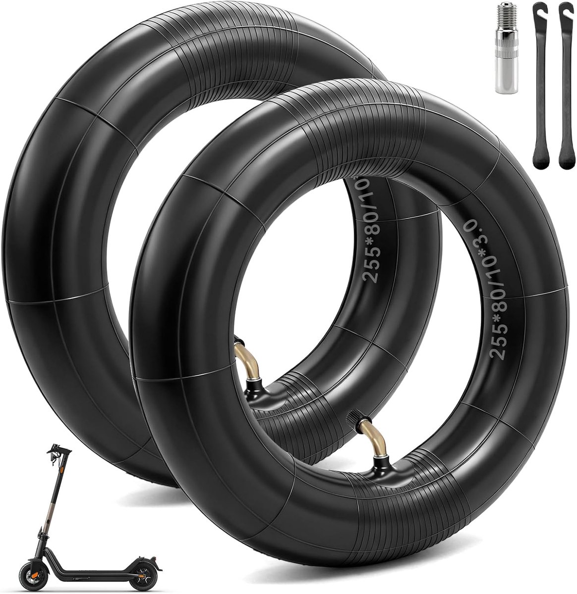 SnelShoppen Pack van 2 Versterkte 80 65-6 Binnenbanden voor E-Scooter 255 x 80 cm met Bocht Ventiel Ventielverlenging en Bandenheffers
